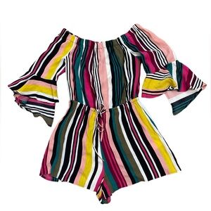 Multicolor striped off the shoulder flutter sleeve romper